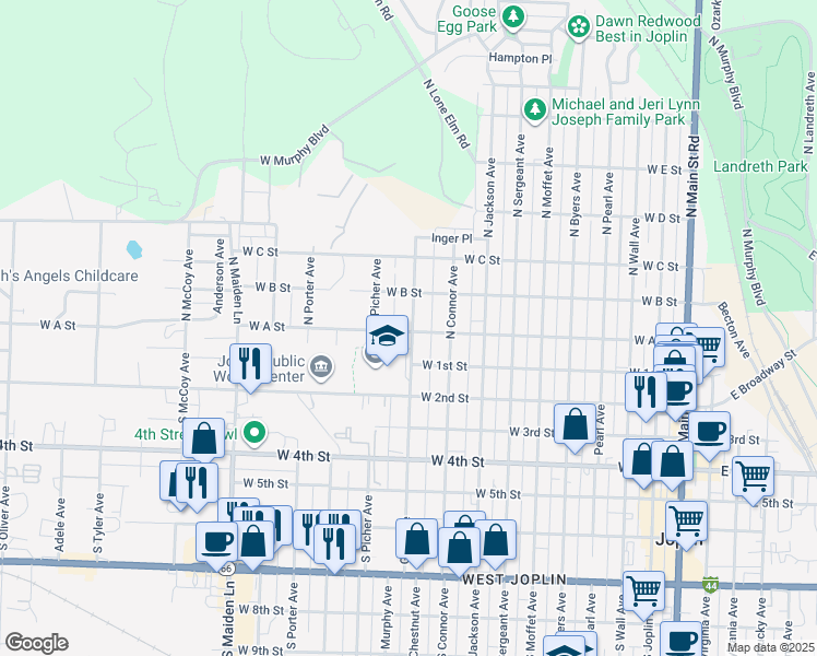 map of restaurants, bars, coffee shops, grocery stores, and more near 202 North Gray Avenue in Joplin