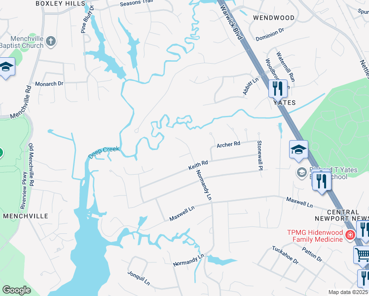 map of restaurants, bars, coffee shops, grocery stores, and more near 411 Normandy Lane in Newport News