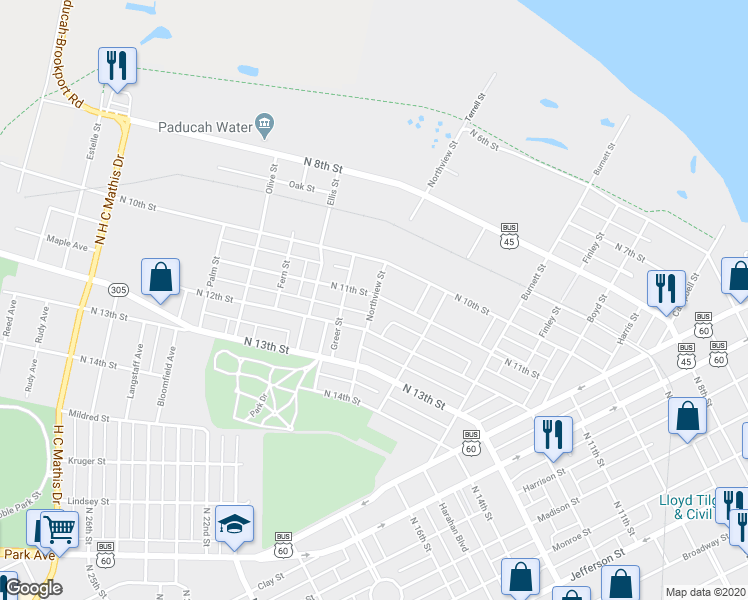 map of restaurants, bars, coffee shops, grocery stores, and more near 1101-1157 Northview Street in Paducah