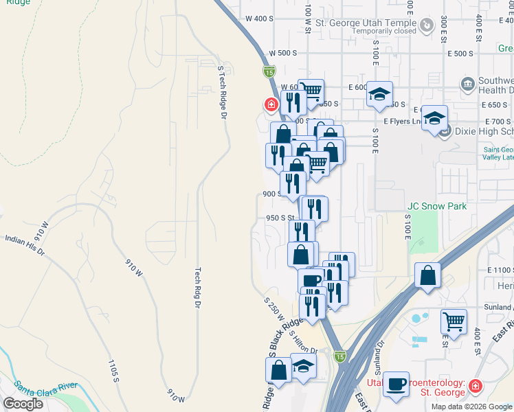map of restaurants, bars, coffee shops, grocery stores, and more near 900 South 250 West in St. George