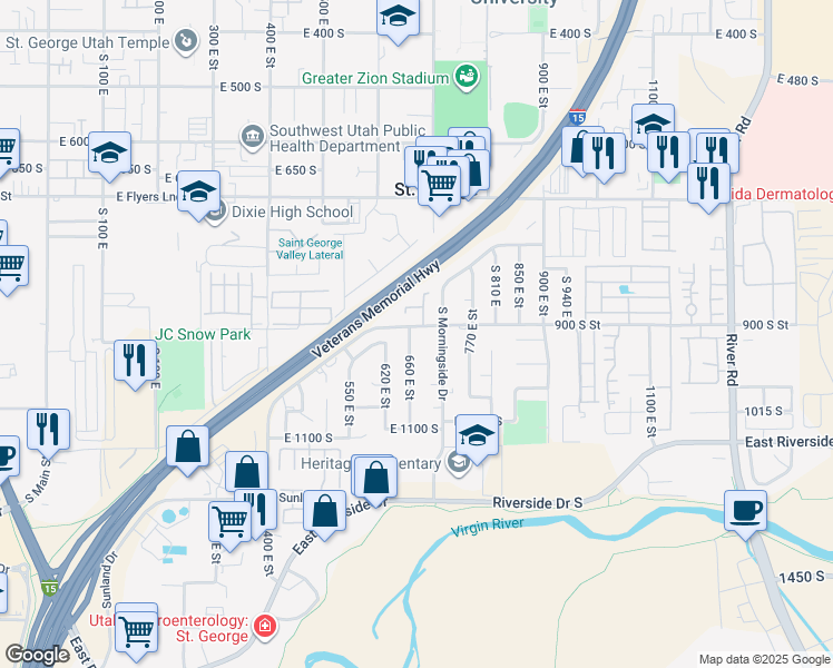 map of restaurants, bars, coffee shops, grocery stores, and more near 670 East 900 South in St. George
