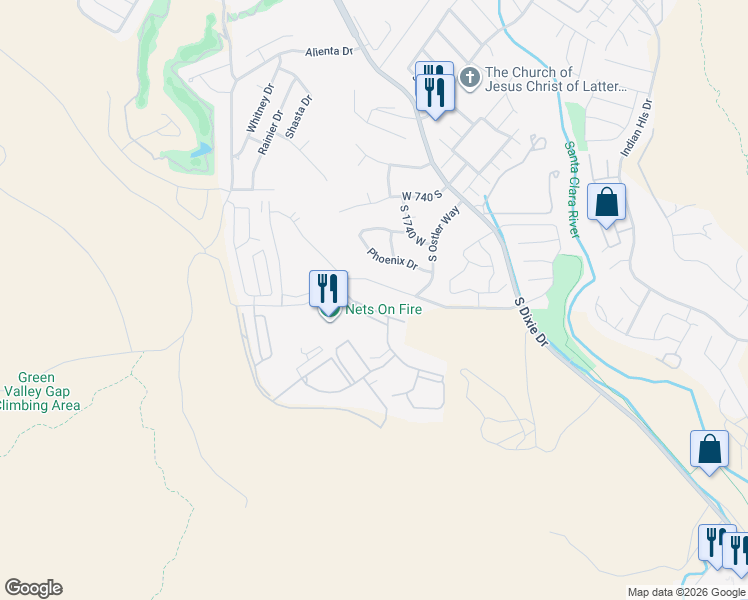 map of restaurants, bars, coffee shops, grocery stores, and more near 1845 West Canyon View Drive in St. George