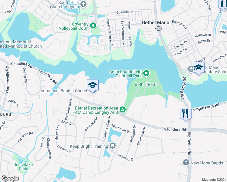 map of restaurants, bars, coffee shops, grocery stores, and more near 30 Betz Lane in Hampton