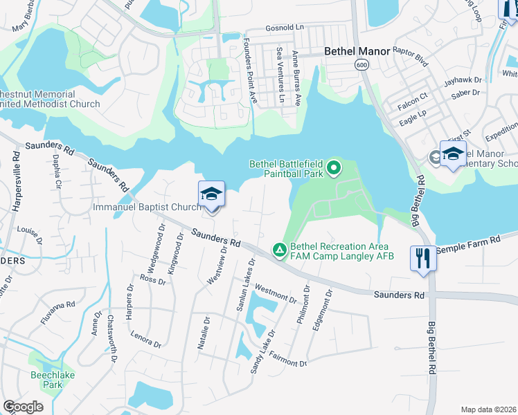 map of restaurants, bars, coffee shops, grocery stores, and more near 32 Betz Lane in Hampton
