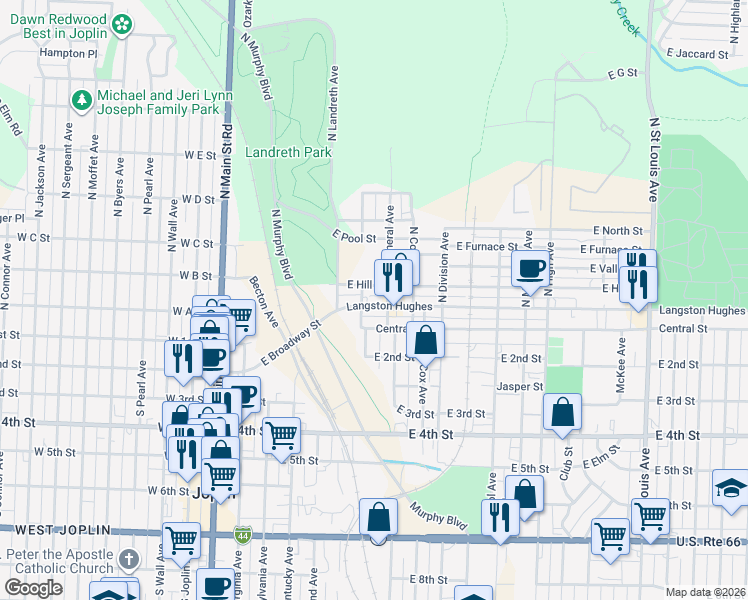map of restaurants, bars, coffee shops, grocery stores, and more near 100-198 North Mineral Avenue in Joplin