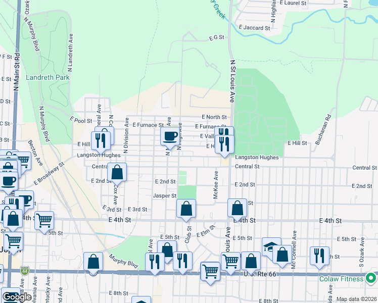 map of restaurants, bars, coffee shops, grocery stores, and more near 1321 East Broadway Street in Joplin