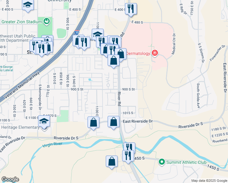 map of restaurants, bars, coffee shops, grocery stores, and more near 1186 East 900 South in St. George