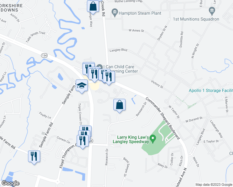 map of restaurants, bars, coffee shops, grocery stores, and more near 106 Misty Cove in Hampton