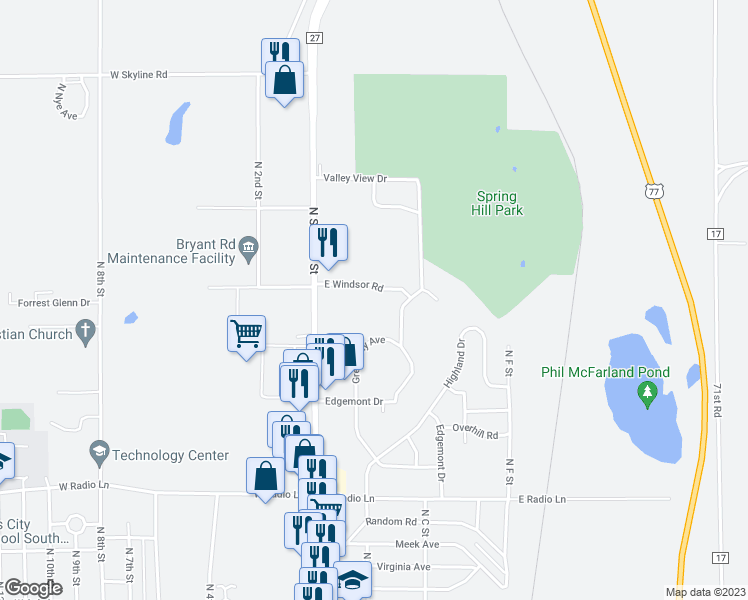 map of restaurants, bars, coffee shops, grocery stores, and more near 305 East Windsor Road in Arkansas City