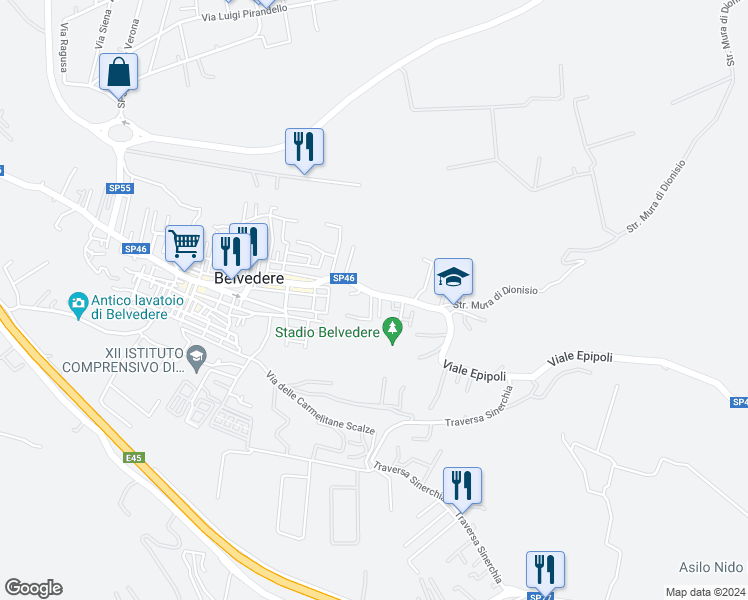 map of restaurants, bars, coffee shops, grocery stores, and more near 25 Via Siracusa in Belvedere