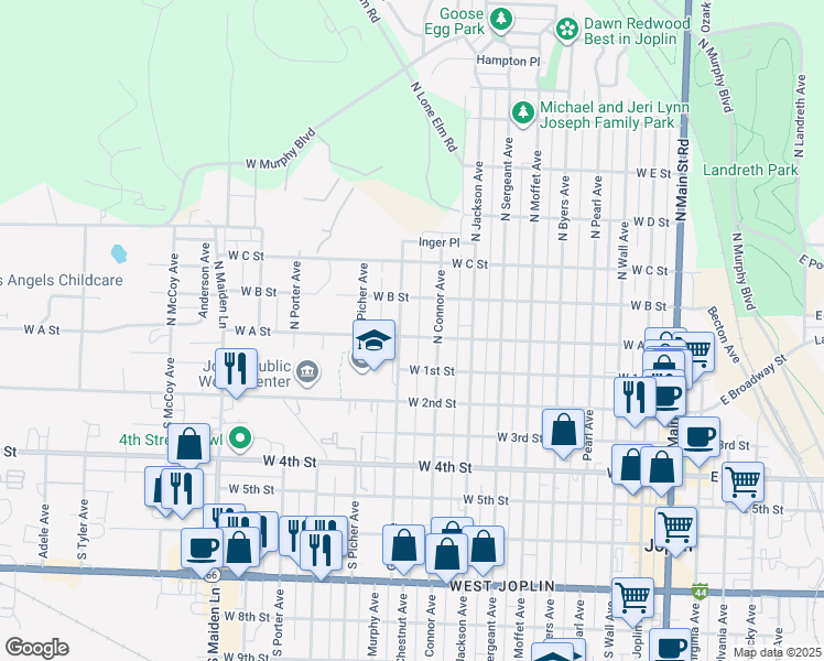 map of restaurants, bars, coffee shops, grocery stores, and more near 202 North Gray Avenue in Joplin