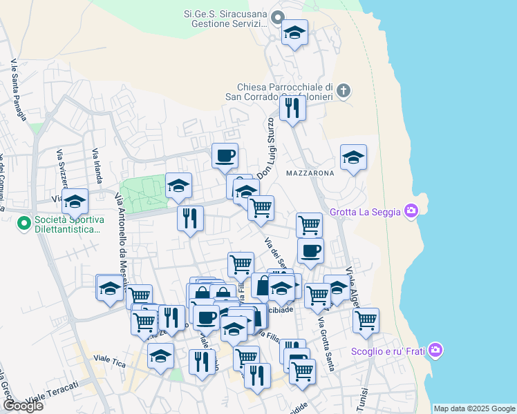 map of restaurants, bars, coffee shops, grocery stores, and more near 174 Via Grotta Santa in Siracusa