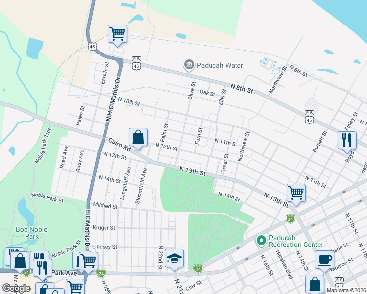 map of restaurants, bars, coffee shops, grocery stores, and more near 1628 North 12th Street in Paducah
