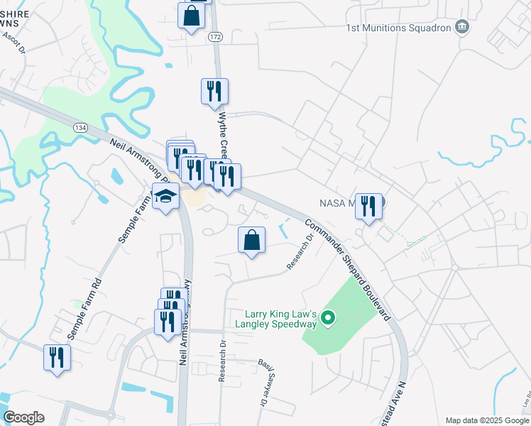 map of restaurants, bars, coffee shops, grocery stores, and more near 102 Sunrise Cove in Hampton