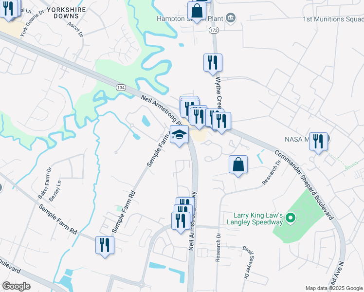 map of restaurants, bars, coffee shops, grocery stores, and more near 23 Semple Farm Road in Hampton