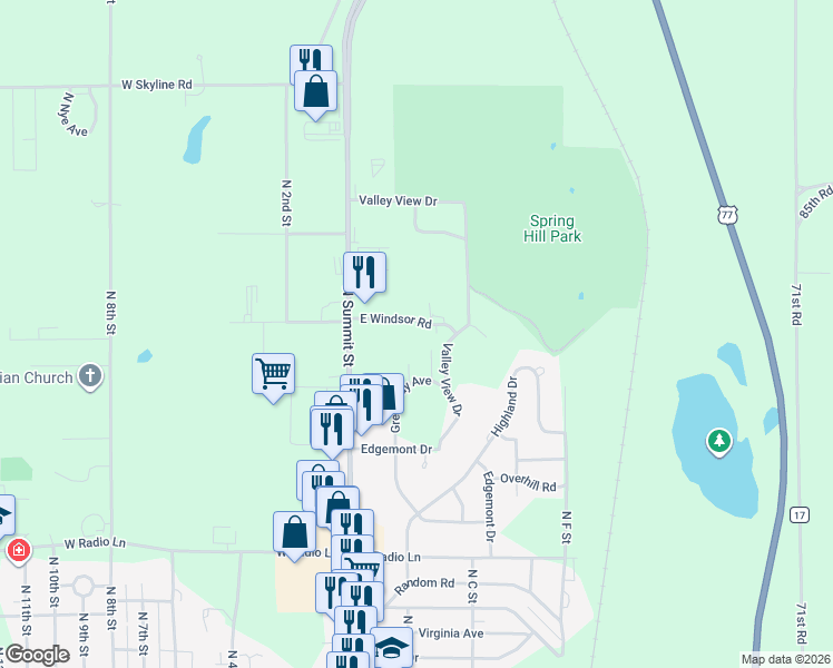 map of restaurants, bars, coffee shops, grocery stores, and more near 305 East Windsor Road in Arkansas City