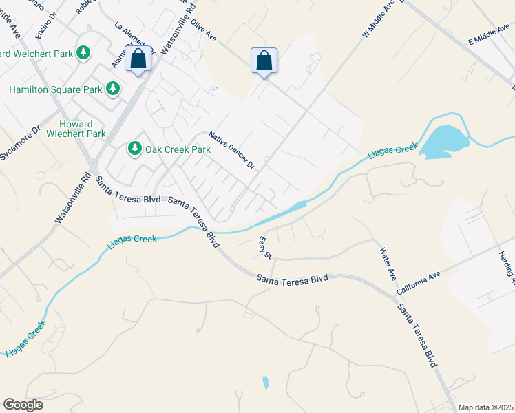 map of restaurants, bars, coffee shops, grocery stores, and more near 56 Creekside Drive in Morgan Hill