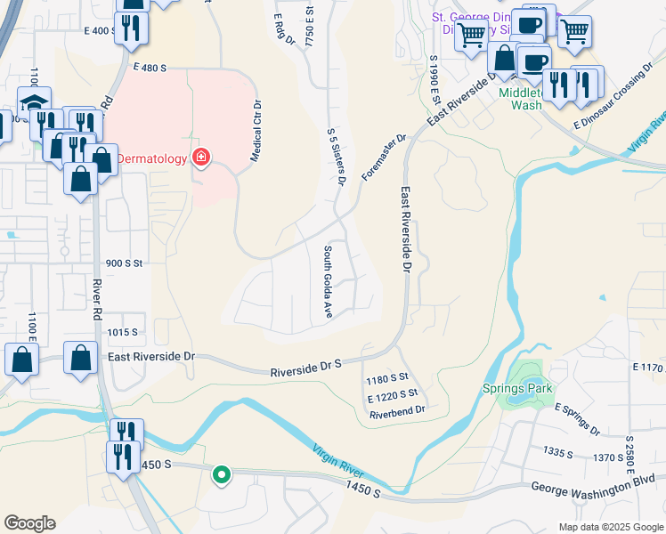 map of restaurants, bars, coffee shops, grocery stores, and more near 929 South Golda Drive in St. George