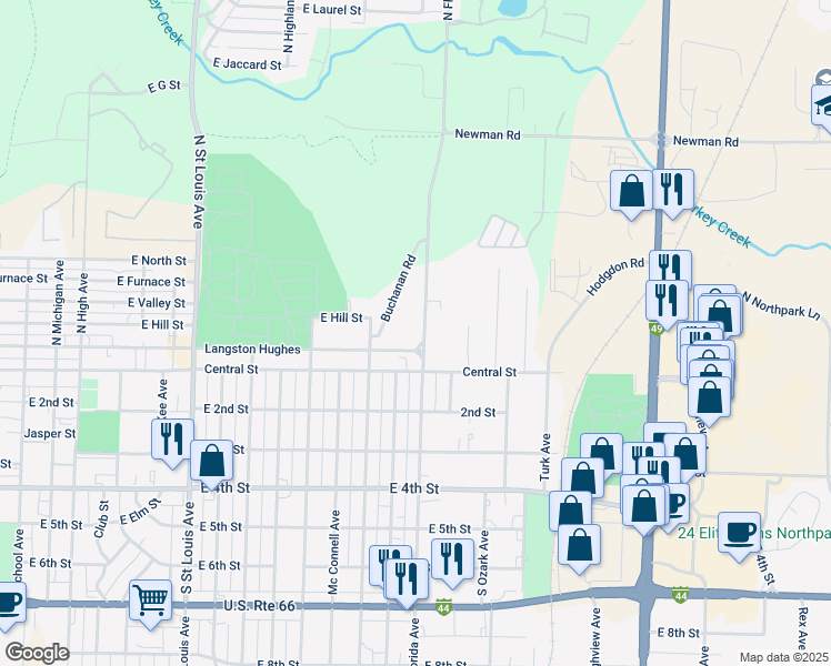 map of restaurants, bars, coffee shops, grocery stores, and more near 120 North Florida Avenue in Joplin