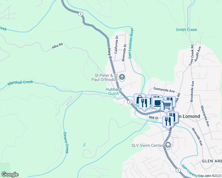 map of restaurants, bars, coffee shops, grocery stores, and more near 9969 Alba Road in Ben Lomond