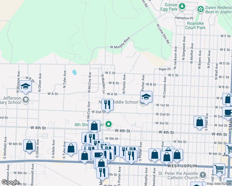 map of restaurants, bars, coffee shops, grocery stores, and more near 1310 West A Street in Joplin