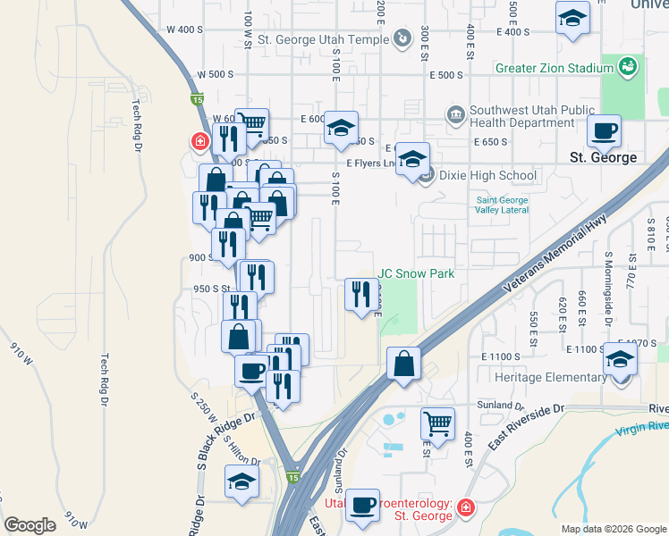 map of restaurants, bars, coffee shops, grocery stores, and more near 898 South 100 East in St. George