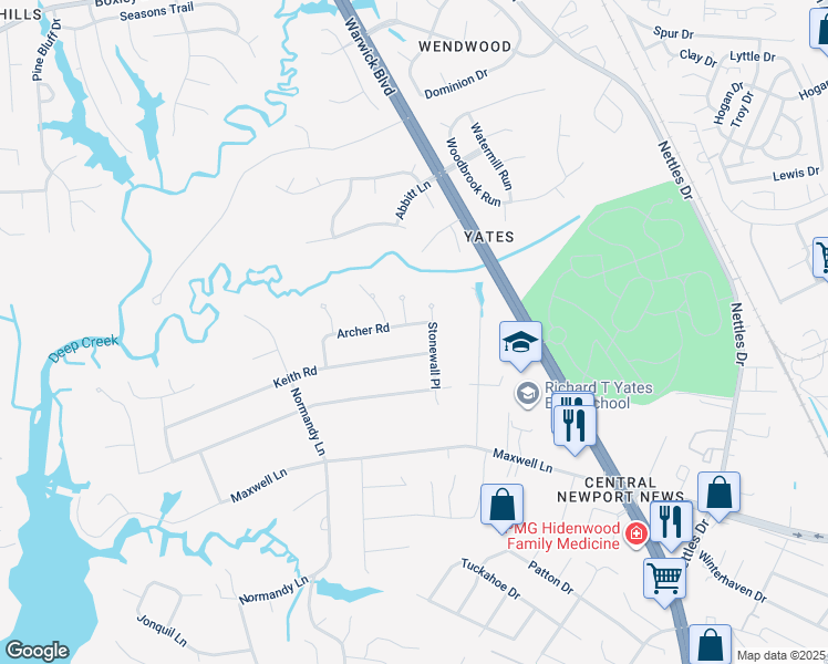 map of restaurants, bars, coffee shops, grocery stores, and more near 104 Archer Road in Newport News