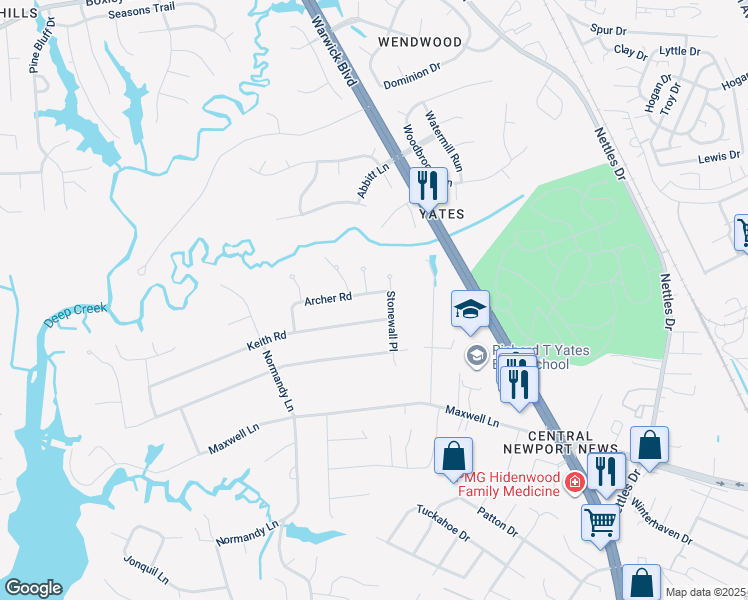 map of restaurants, bars, coffee shops, grocery stores, and more near 104 Archer Road in Newport News