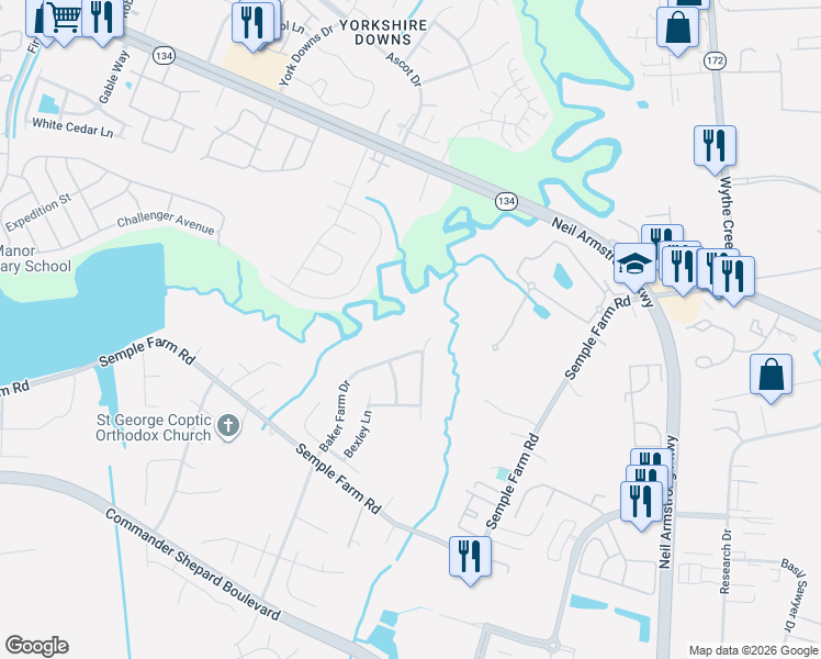 map of restaurants, bars, coffee shops, grocery stores, and more near 139 Baker Farm Drive in Hampton