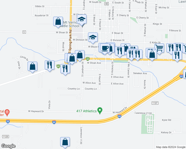 map of restaurants, bars, coffee shops, grocery stores, and more near 304 West Olive Street in Mount Vernon