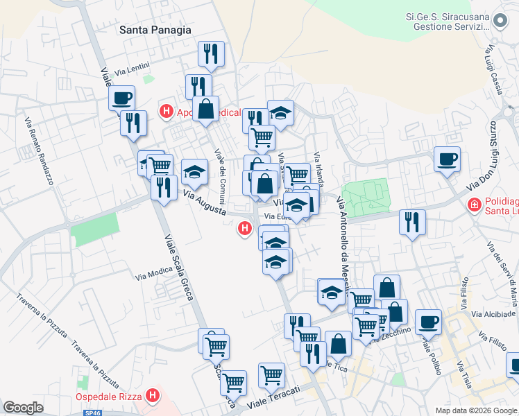 map of restaurants, bars, coffee shops, grocery stores, and more near 9 Via Italia in Siracusa