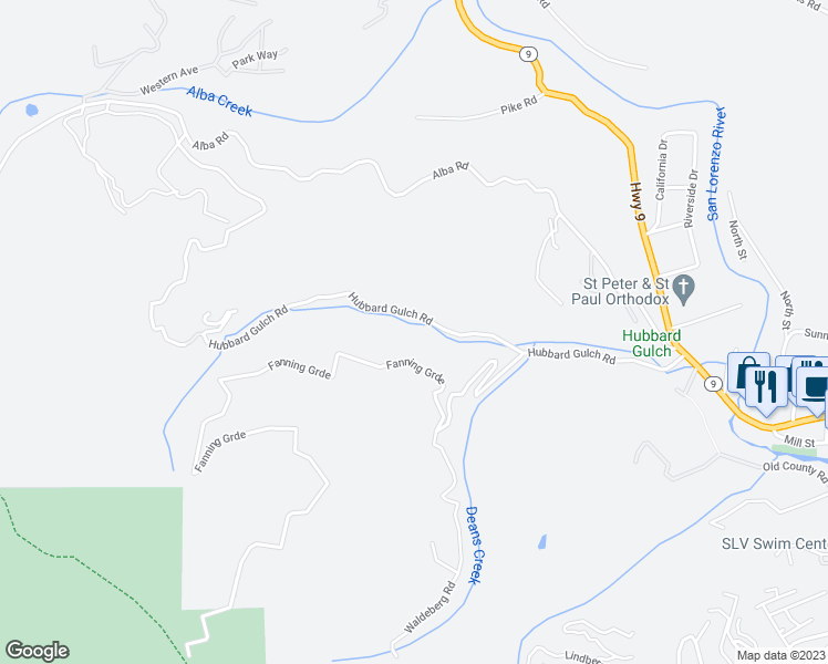 map of restaurants, bars, coffee shops, grocery stores, and more near 435 Hubbard Gulch Road in Ben Lomond