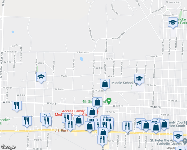 map of restaurants, bars, coffee shops, grocery stores, and more near 199 North Mc Coy Avenue in Joplin