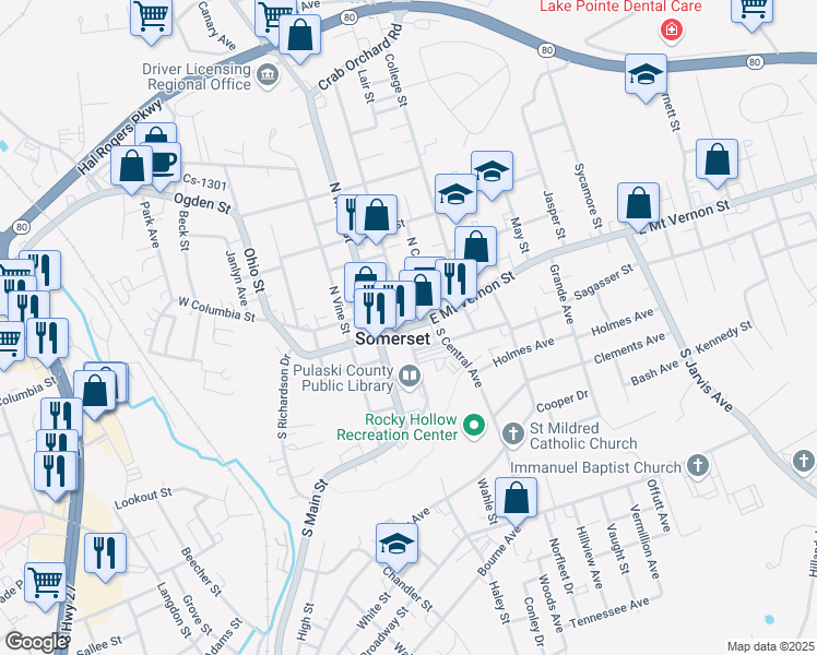map of restaurants, bars, coffee shops, grocery stores, and more near 201 East Mount Vernon Street in Somerset