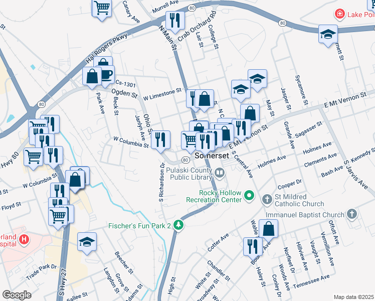 map of restaurants, bars, coffee shops, grocery stores, and more near 201 West Columbia Street in Somerset
