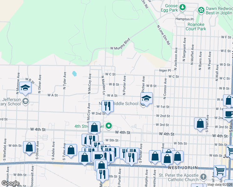 map of restaurants, bars, coffee shops, grocery stores, and more near 1310 West A Street in Joplin