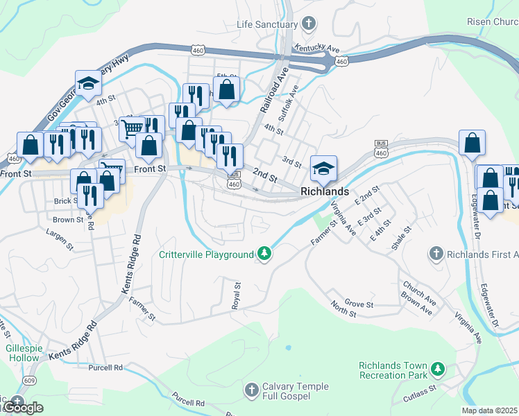 map of restaurants, bars, coffee shops, grocery stores, and more near 1315 Iron Street in Richlands
