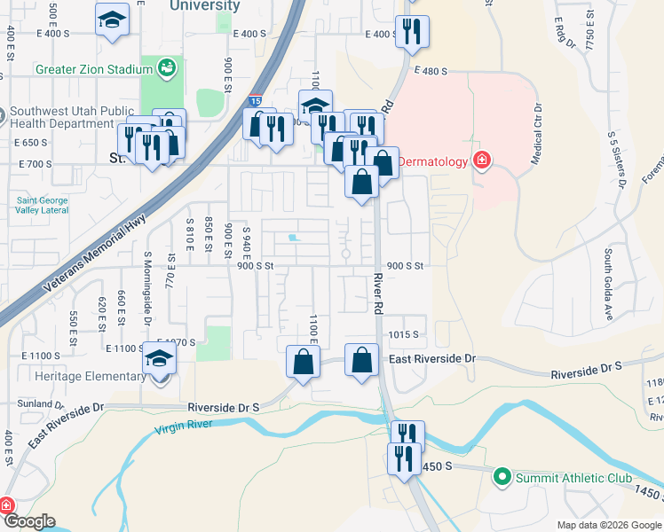 map of restaurants, bars, coffee shops, grocery stores, and more near 1187 East 900 South in Saint George