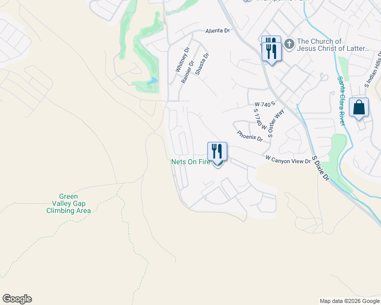 map of restaurants, bars, coffee shops, grocery stores, and more near 2050 West Canyon View Drive in St. George
