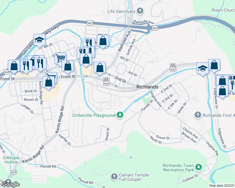 map of restaurants, bars, coffee shops, grocery stores, and more near 1315 Iron Street in Richlands