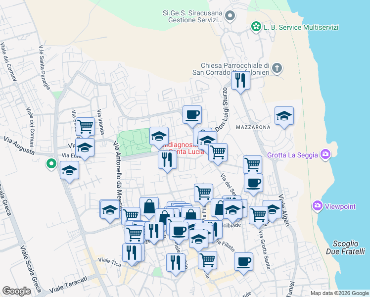 map of restaurants, bars, coffee shops, grocery stores, and more near 18 Via Francesco Accolla in Syracuse