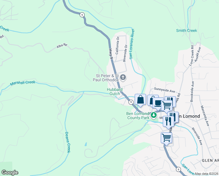 map of restaurants, bars, coffee shops, grocery stores, and more near in Ben Lomond