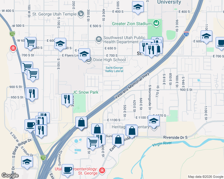 map of restaurants, bars, coffee shops, grocery stores, and more near 400 East 900 South in St. George