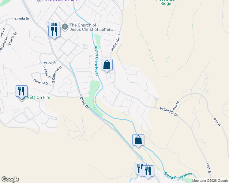 map of restaurants, bars, coffee shops, grocery stores, and more near 1296 West 1250 South Circle in Saint George
