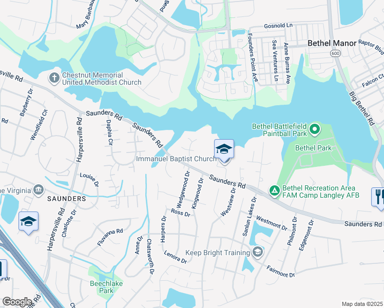 map of restaurants, bars, coffee shops, grocery stores, and more near 8 Wedgewood Drive in Newport News