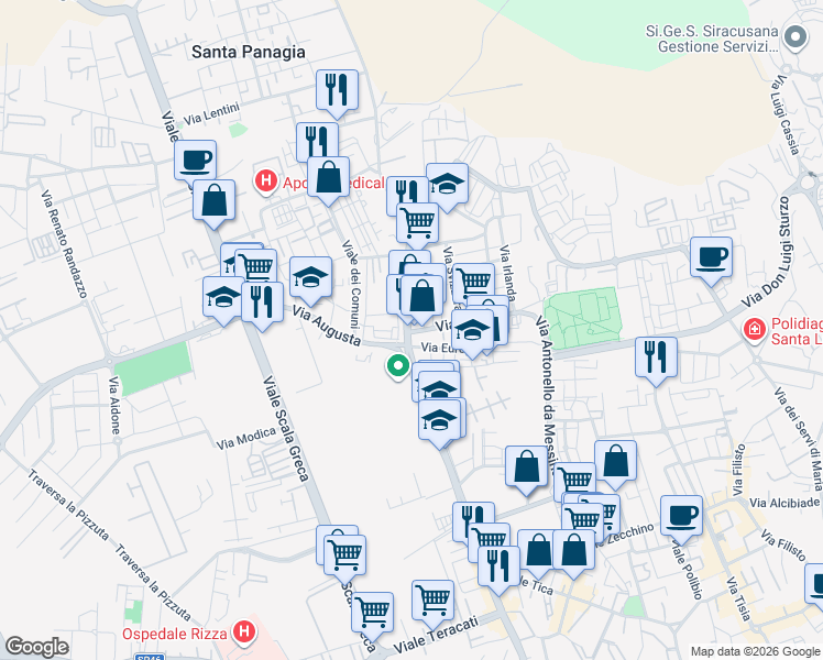 map of restaurants, bars, coffee shops, grocery stores, and more near 23 Via Augusta in Syracuse