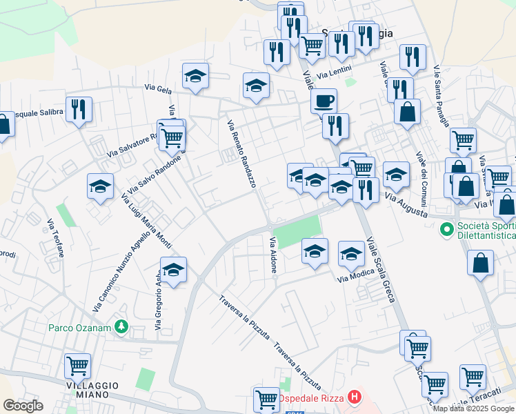 map of restaurants, bars, coffee shops, grocery stores, and more near 29 Via Aidone in Siracusa