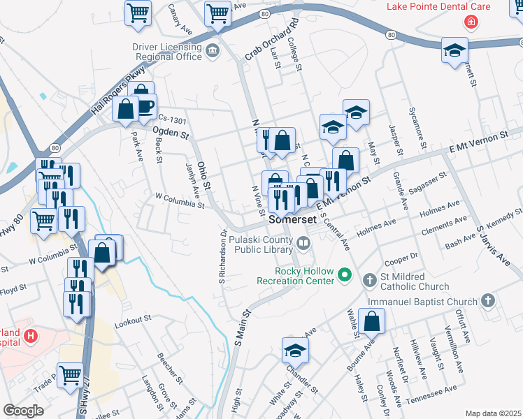 map of restaurants, bars, coffee shops, grocery stores, and more near 201 West Columbia Street in Somerset
