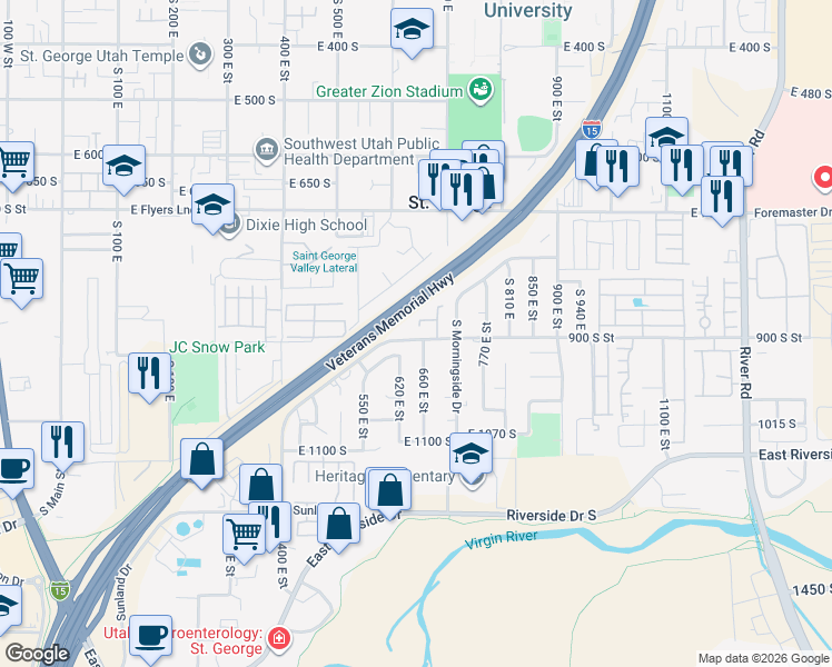 map of restaurants, bars, coffee shops, grocery stores, and more near 701 East 900 South in St. George