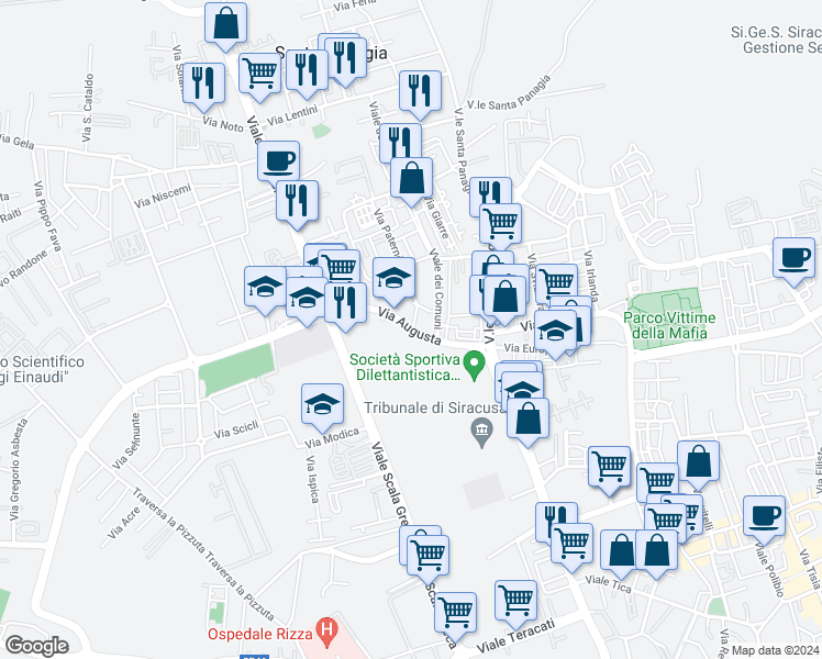 map of restaurants, bars, coffee shops, grocery stores, and more near 29 Via Augusta in Siracusa